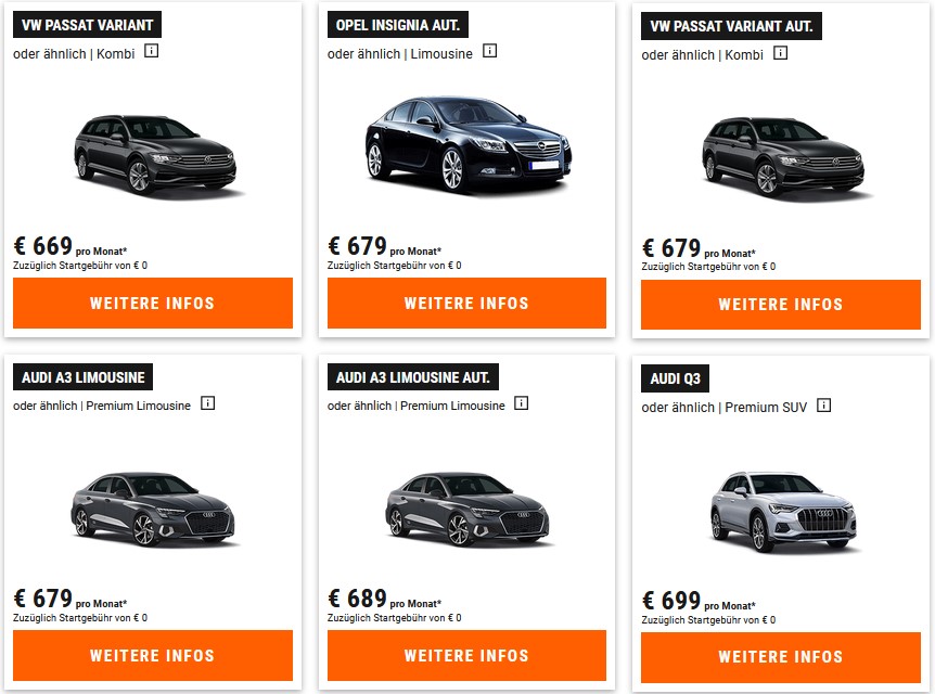 Zeigt verschieden Fahrzeuge zur Auswahl auf der Sixt Plus Webseite.