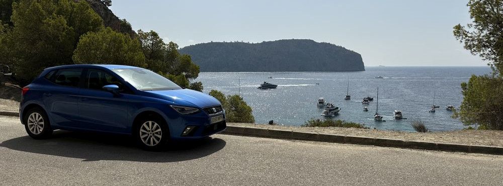 Ein Mietwagen von TUI Cars parkt an einer Küstenstraße mit Meer im Hintergrund