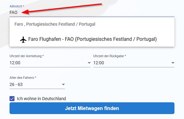 Eingabe des Flughafenkürzels (Dreilettercode) FAO in die Suchmaske von MietwagenPRO