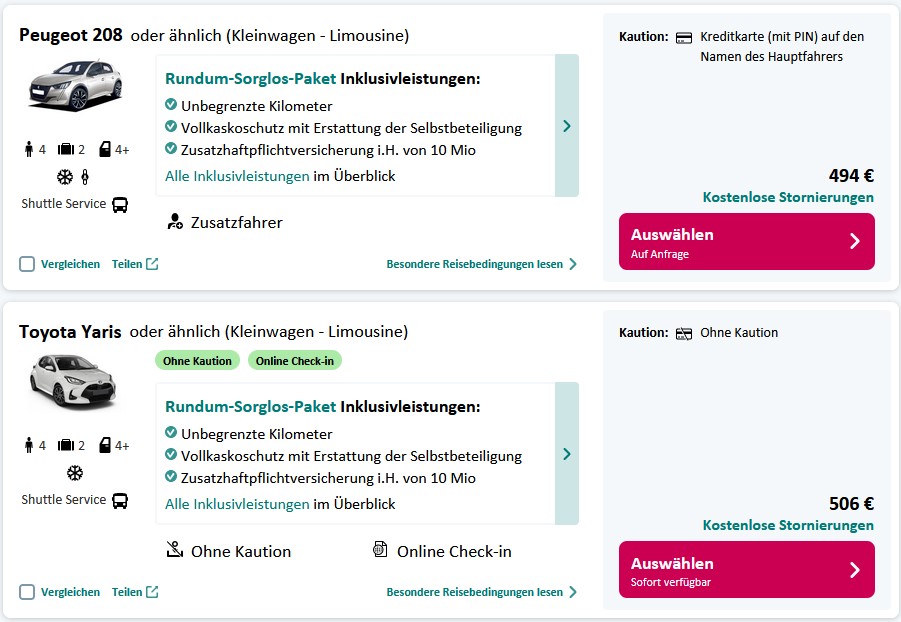 Die Mietwagen von Sunny Cars werden übersichtlich auf der Angebotsliste mit Rundum-Sorglos-Paket dargestellt