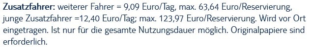 Das Bild zeigt die Preisaufschlüsselung für einen Zusatzfahrer bei TUI Cars in den Nutzungsbedingungen für das jeweilige Mietwagen Angebot