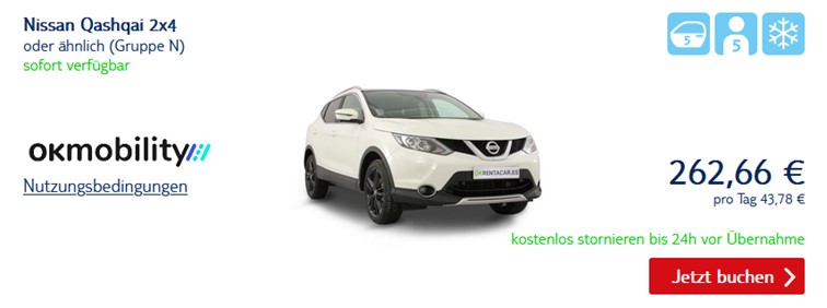Mietwagen-Angebot bei TUI Cars: Nissan Qashqai 2x4 mit Preisangabe und Buchungsoption