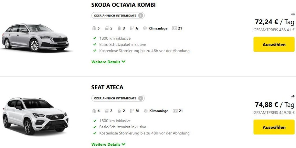 Zeigt zwei verschiedene Autos auf der Europcar Webseite zur Buchung zur Auswahl wobei beide der identischen Kategorie zugeordnet sind