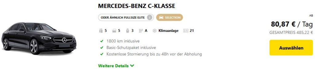 Eine Mercedes C-Klasse von Europcar aus der Selection Kategorie zur Buchung auf der Webseite