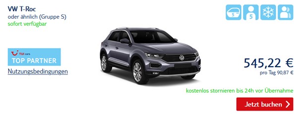 Mietwagenangebot bei TUI Cars: VW T-Roc oder ähnlich aus Gruppe S, sofort verfügbar. Kostenlos stornierbar bis 24 Stunden vor Übernahme.