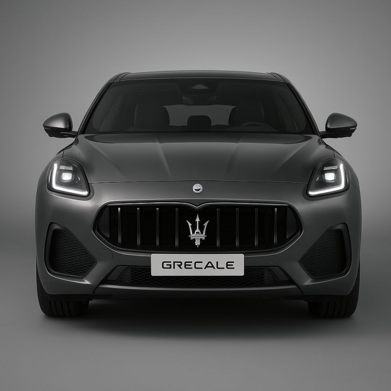 Frontansicht des Maserati Grecale mit markantem Kühlergrill und LED-Scheinwerfern vor elegantem grauem Farbverlauf-Hintergrund.