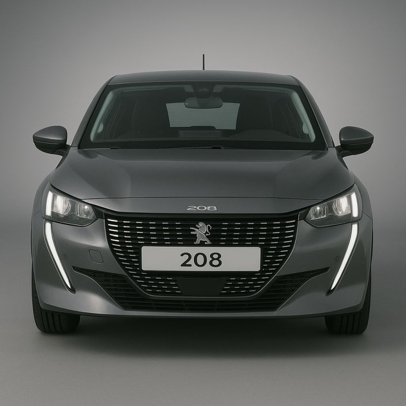 Frontansicht des aktuellen Peugeot 208 mit markantem Löwen-Emblem und LED-Tagfahrlichtern.