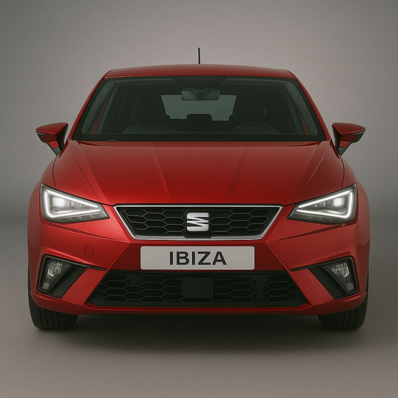 Frontansicht des aktuellen Seat Ibiza in metallic Rot mit markantem Kühlergrill und LED-Scheinwerfern.