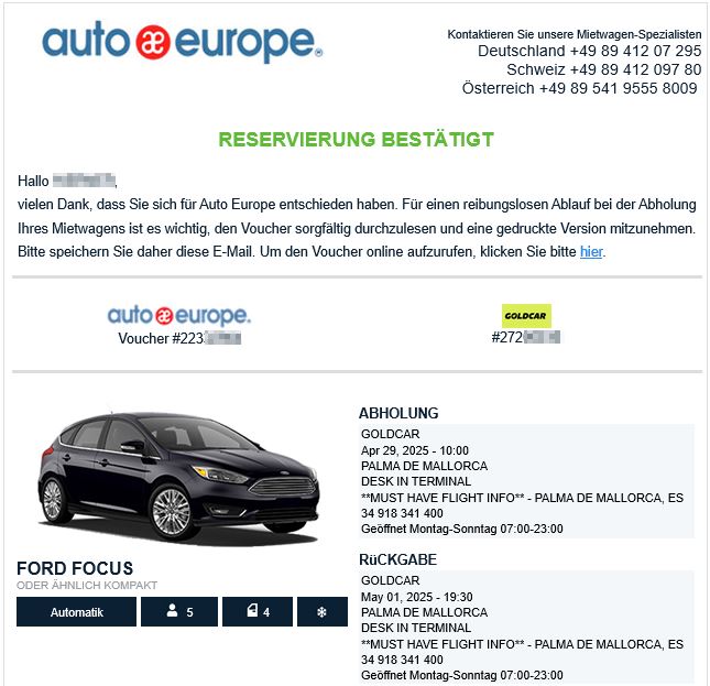 Buchungsbestätigung von Auto Europe mit allen wichtigen Details zur Reservierung