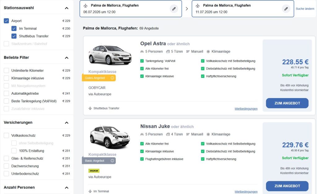 Mietwagen Angebote auf der Webseite von MietwagenPRO für eine Reise nach Palma de Mallorca