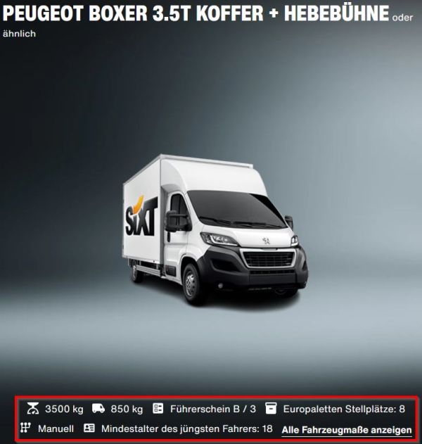 Angebot eines Peugeot Boxer 3,5t Koffer mit Hebebühne von Sixt, manuelles Getriebe, 850 kg Nutzlast, für Führerscheinklasse B geeignet, bis zu 8 Europaletten Stellplätze.