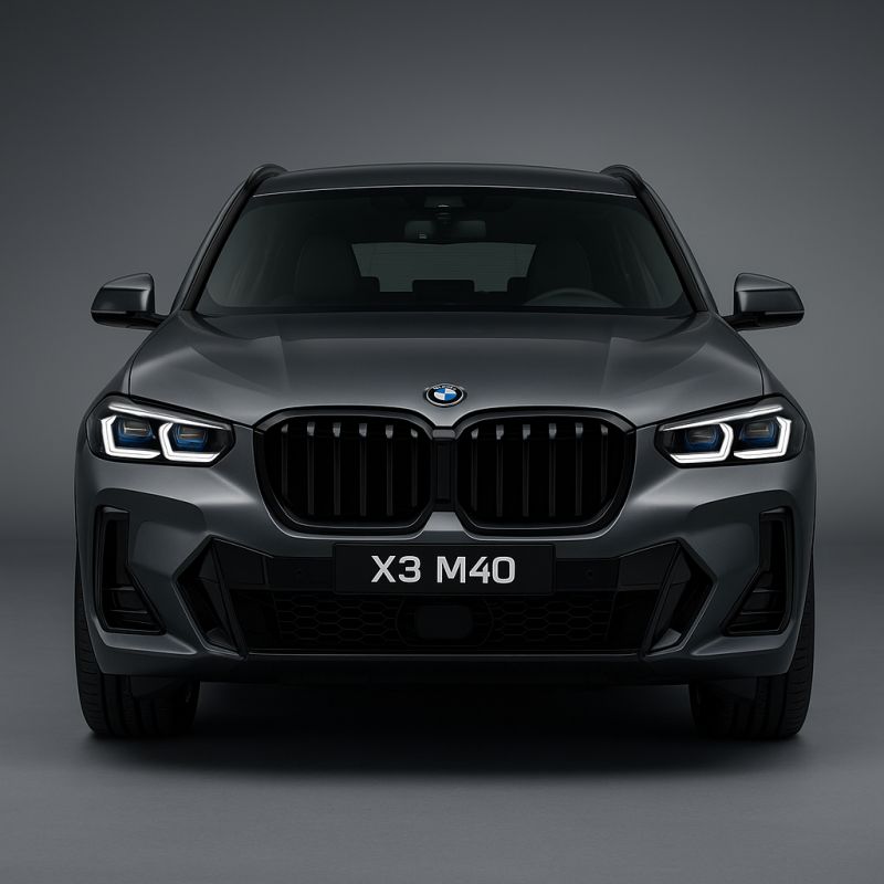 Frontansicht des BMW X3 M40 vor grauem Hintergrundverlauf. Das Mittelklasse-SUV präsentiert die markante Doppelniere, sportliche LED-Scheinwerfer und ein kraftvolles Design.
