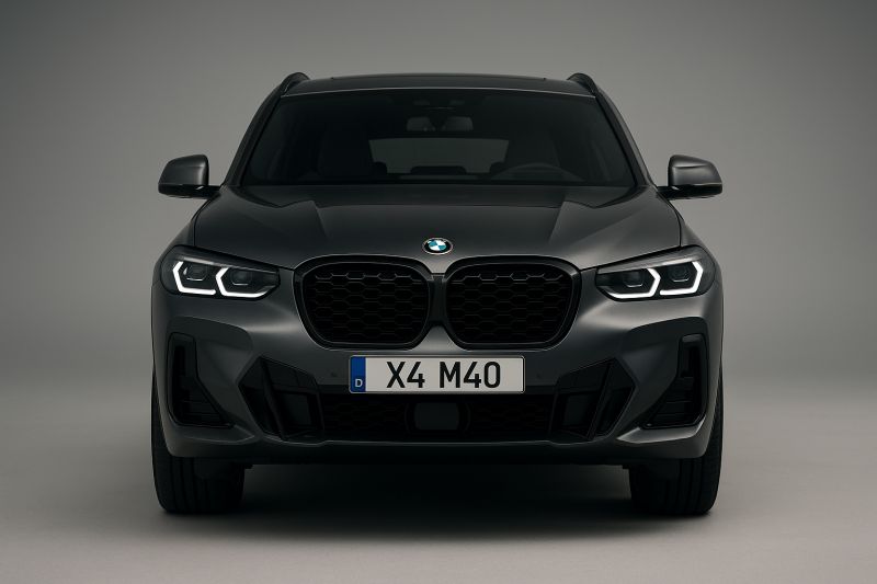 Frontansicht des BMW X4 M40, aufgenommen vor edlem grauen Hintergrundverlauf. Das SUV-Coupé zeigt die markante BMW-Niere, LED-Scheinwerfer und sportliche Linienführung.